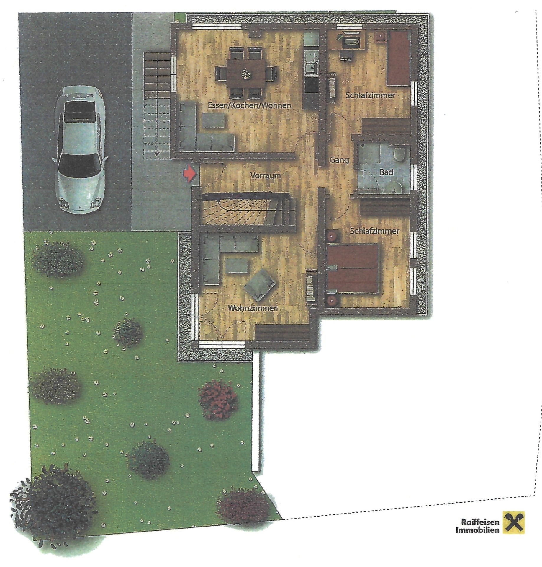 Grundriss des Appartements mit Garten und Parkplatz